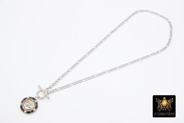 Silver Figaro Chain Toggle Necklace, Repurposed Vintage Button Choker, Silver Round Channel Pearl and Stones Button - A Girls Gems